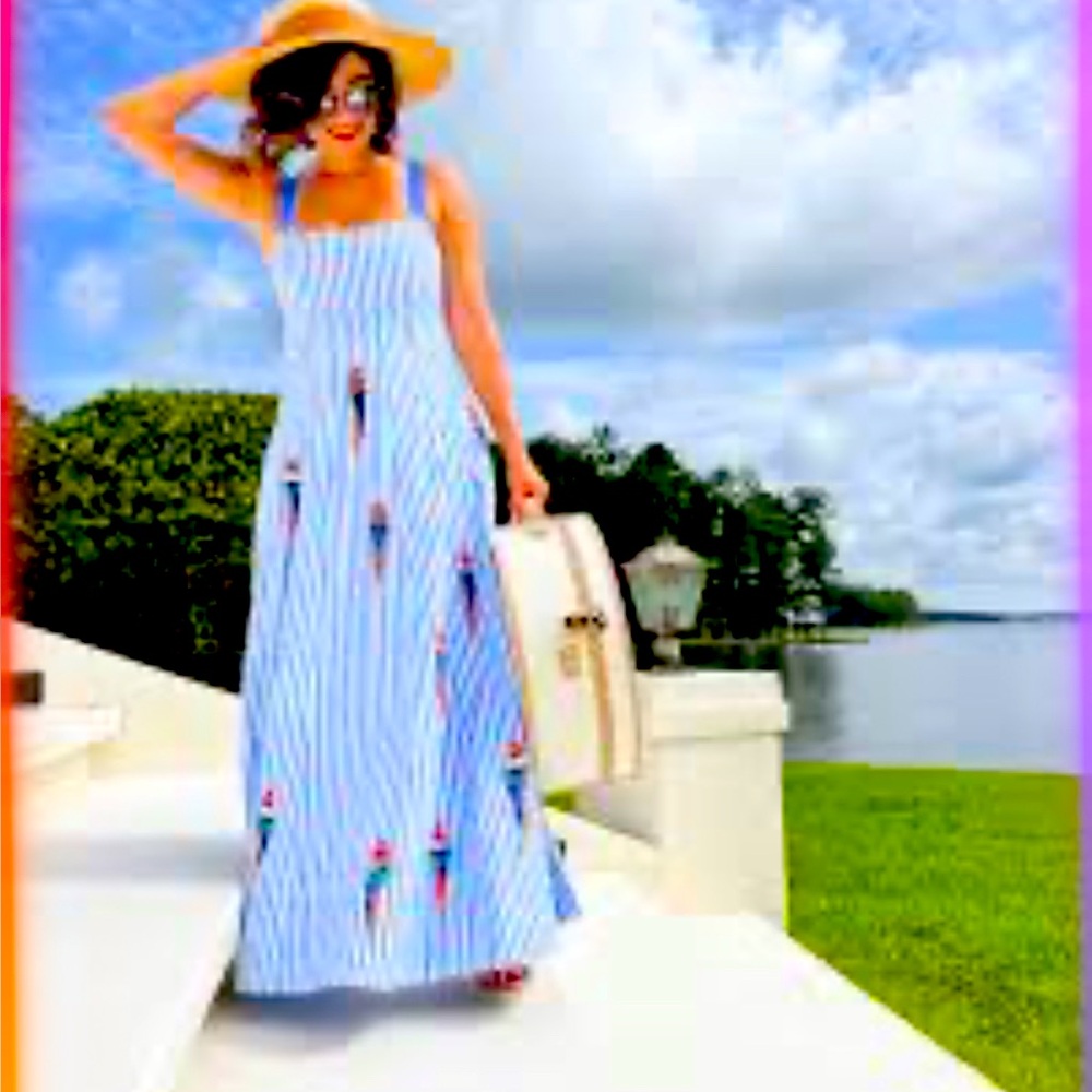 Maeve Tie-Back A-Line Dress with beaded parrots and blue and white stripes.